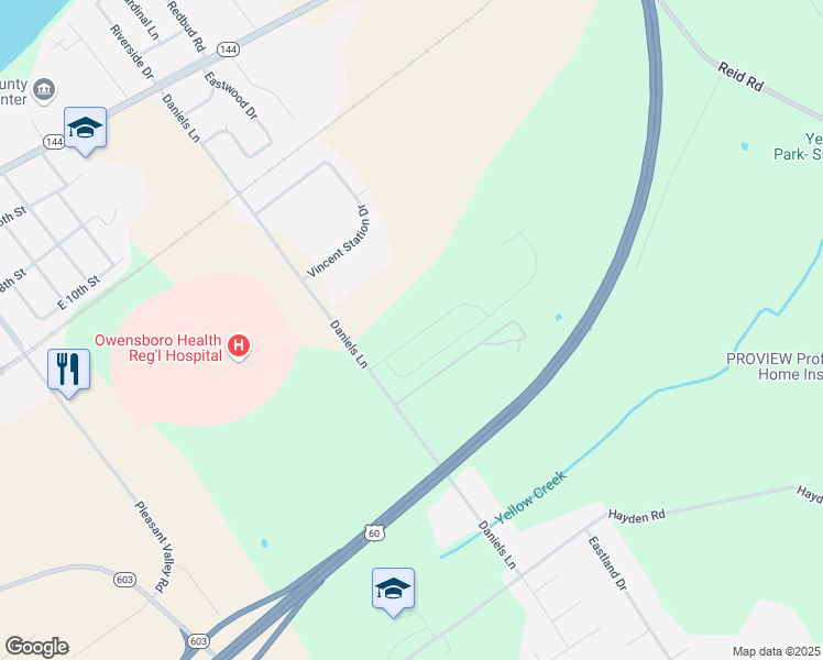 map of restaurants, bars, coffee shops, grocery stores, and more near 1309 Daniels Lane in Owensboro