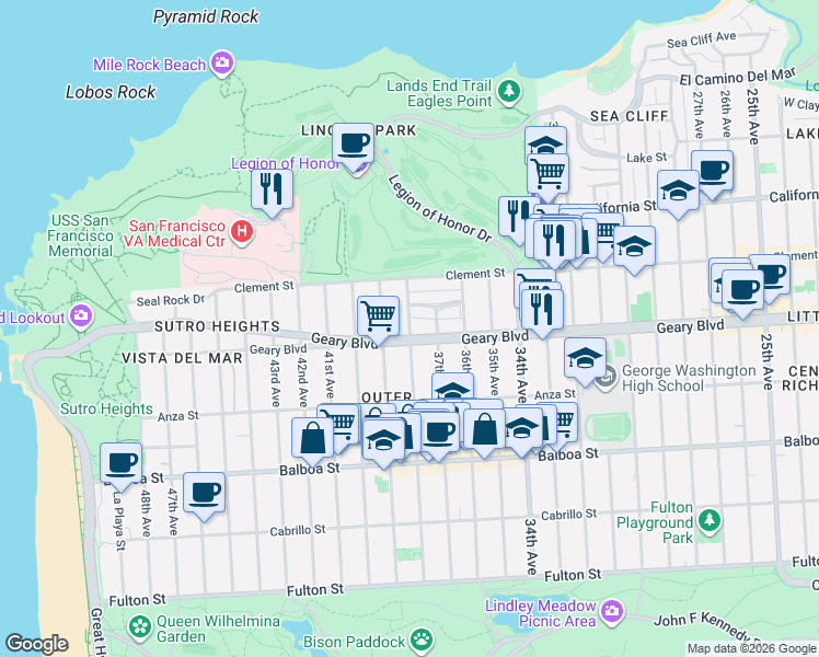 map of restaurants, bars, coffee shops, grocery stores, and more near 445 38th Avenue in San Francisco