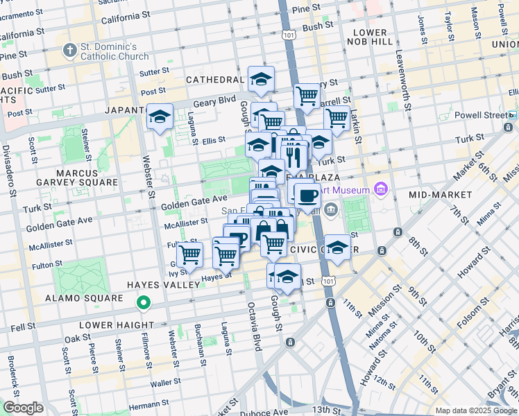 map of restaurants, bars, coffee shops, grocery stores, and more near 715 Gough Street in San Francisco
