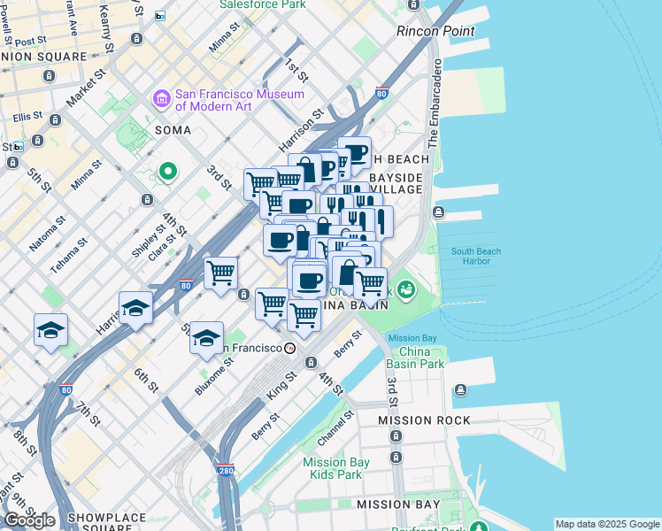 map of restaurants, bars, coffee shops, grocery stores, and more near 21 Clarence Place in San Francisco