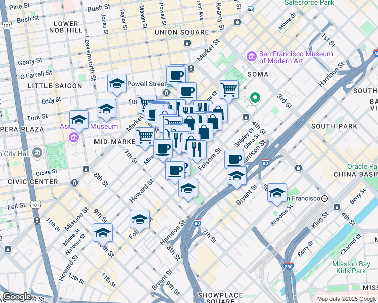 map of restaurants, bars, coffee shops, grocery stores, and more near 953 Howard Street in San Francisco