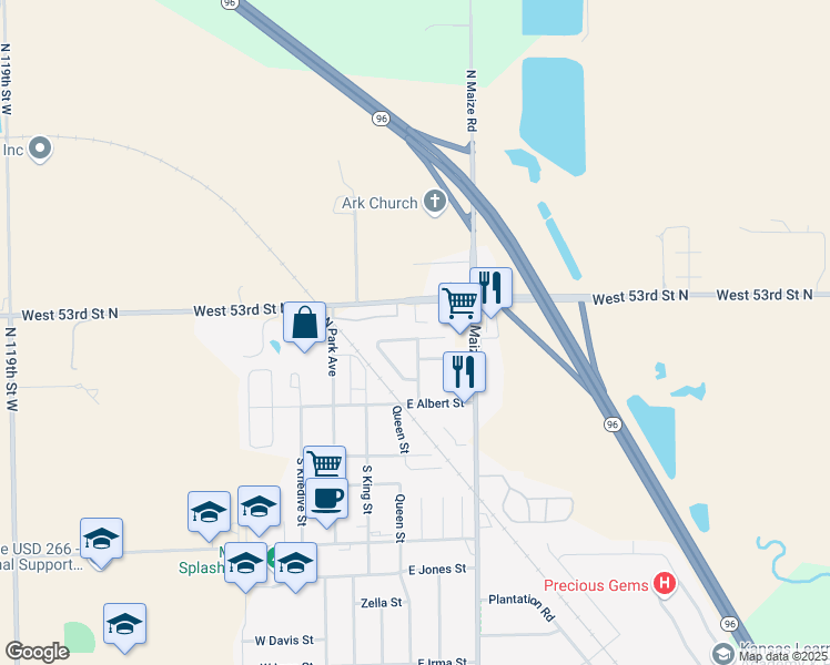 map of restaurants, bars, coffee shops, grocery stores, and more near in Maize