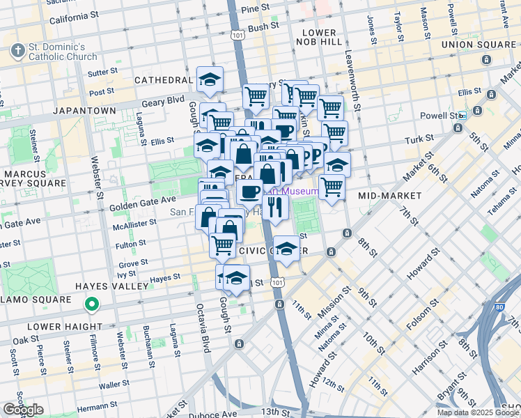 map of restaurants, bars, coffee shops, grocery stores, and more near 473 South Van Ness Avenue in San Francisco