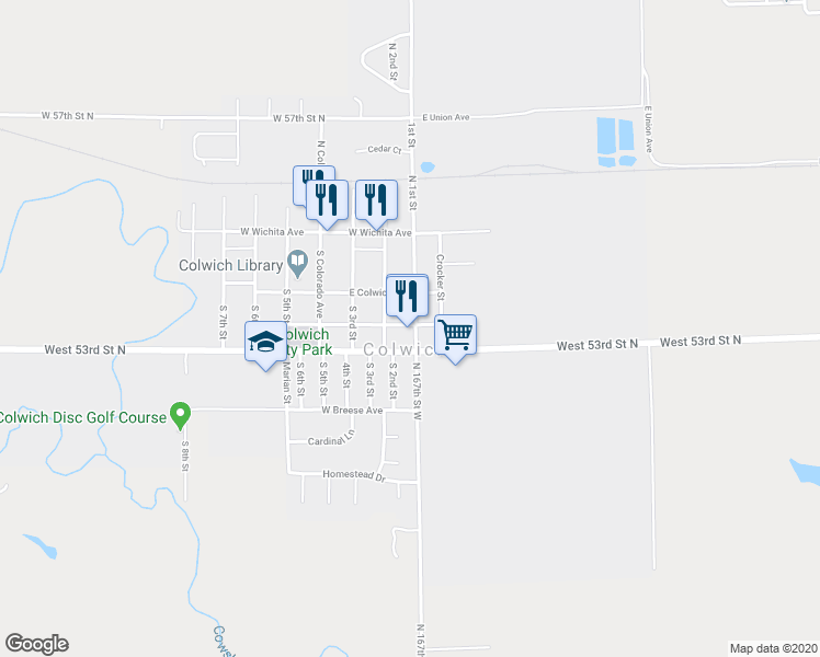 map of restaurants, bars, coffee shops, grocery stores, and more near 339 S 1st St in Colwich