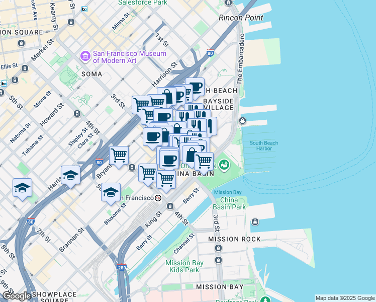 map of restaurants, bars, coffee shops, grocery stores, and more near 7 Clarence Place in San Francisco
