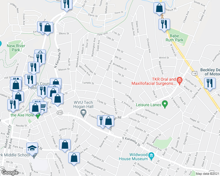 map of restaurants, bars, coffee shops, grocery stores, and more near 413 Temple Street in Beckley