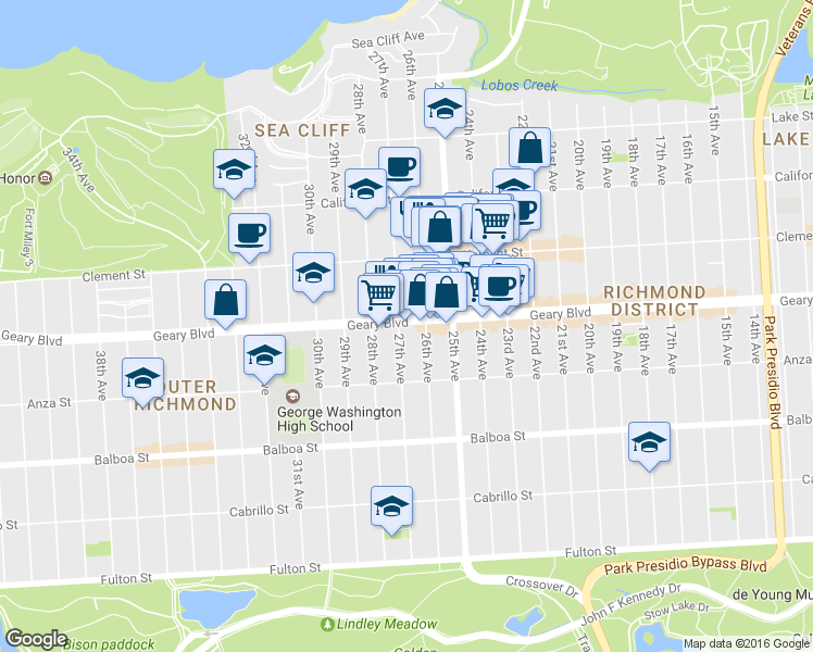 map of restaurants, bars, coffee shops, grocery stores, and more near 6255 Geary Boulevard in San Francisco