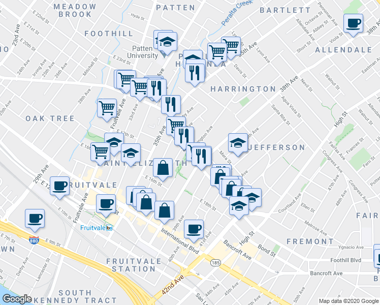 map of restaurants, bars, coffee shops, grocery stores, and more near 3700 Foothill Boulevard in Oakland