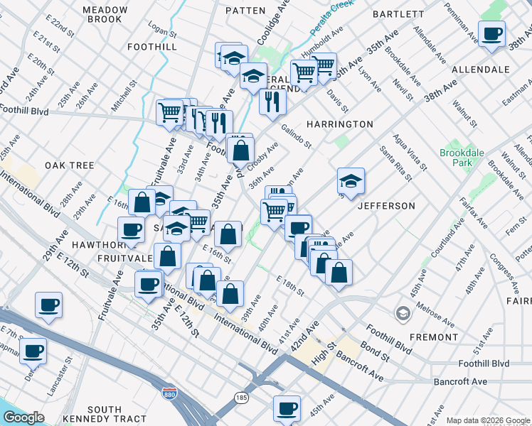map of restaurants, bars, coffee shops, grocery stores, and more near 3700 Foothill Boulevard in Oakland