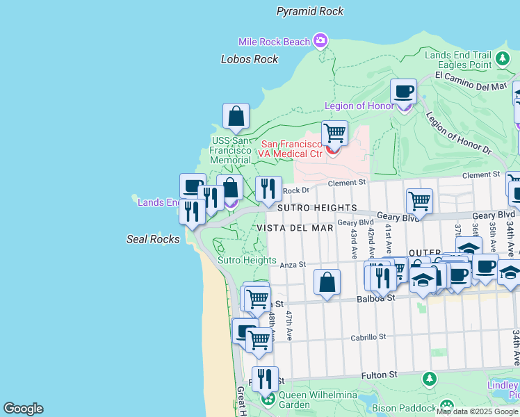 map of restaurants, bars, coffee shops, grocery stores, and more near 680 Point Lobos Avenue in San Francisco