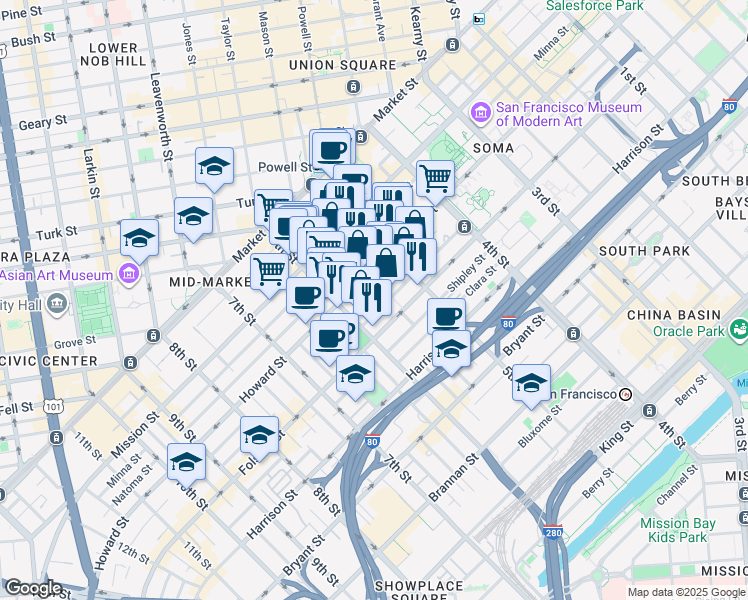 map of restaurants, bars, coffee shops, grocery stores, and more near 953 Howard Street in San Francisco