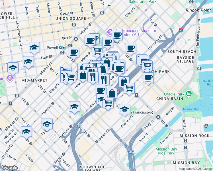 map of restaurants, bars, coffee shops, grocery stores, and more near 888 Perry Street in San Francisco