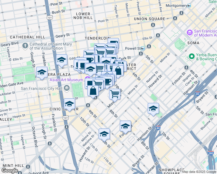 map of restaurants, bars, coffee shops, grocery stores, and more near 1127 Market Street in San Francisco