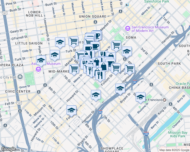 map of restaurants, bars, coffee shops, grocery stores, and more near 953 Howard Street in San Francisco