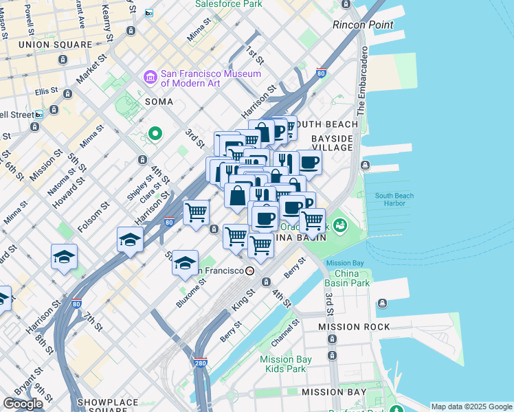 map of restaurants, bars, coffee shops, grocery stores, and more near 380 Brannan Street in San Francisco