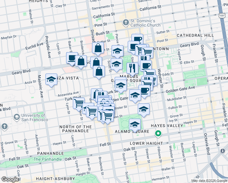 map of restaurants, bars, coffee shops, grocery stores, and more near Turk St & Scott St in San Francisco