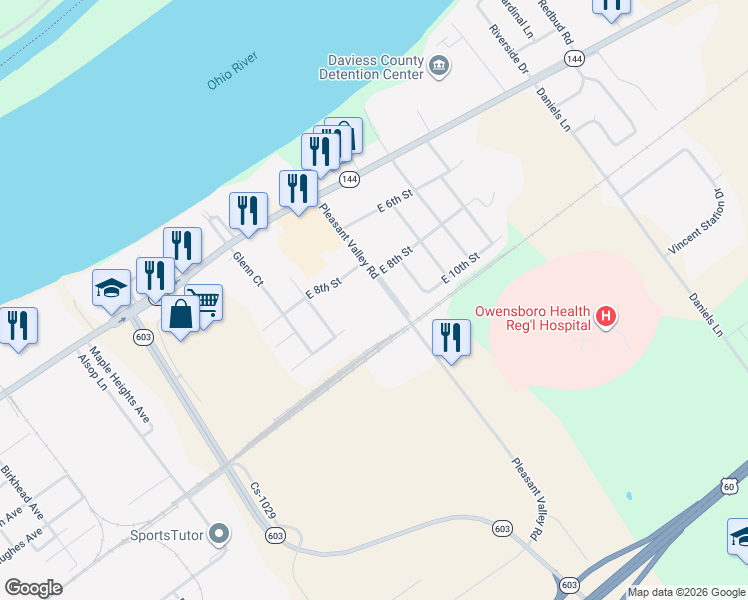 map of restaurants, bars, coffee shops, grocery stores, and more near 820 Pleasant Valley Road in Owensboro