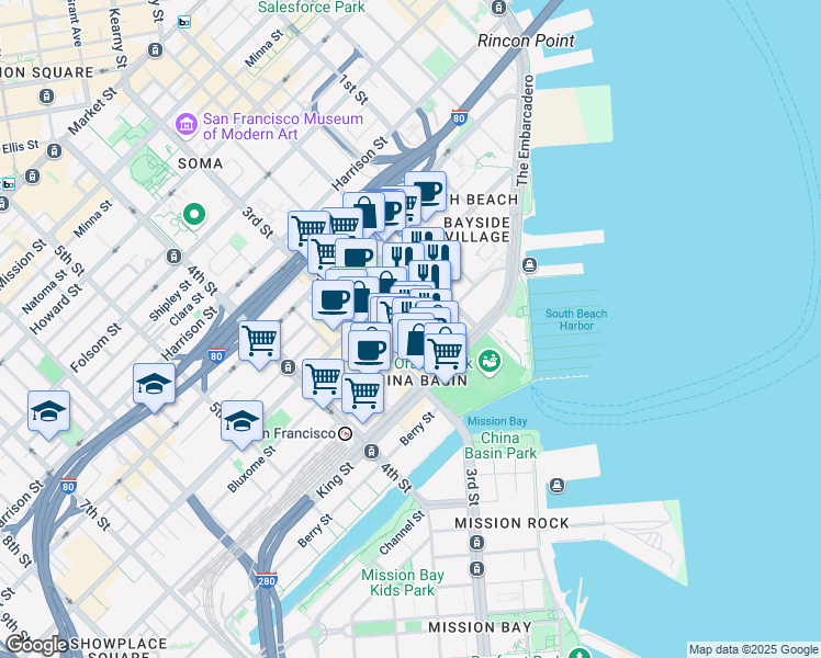 map of restaurants, bars, coffee shops, grocery stores, and more near 7 Clarence Place in San Francisco
