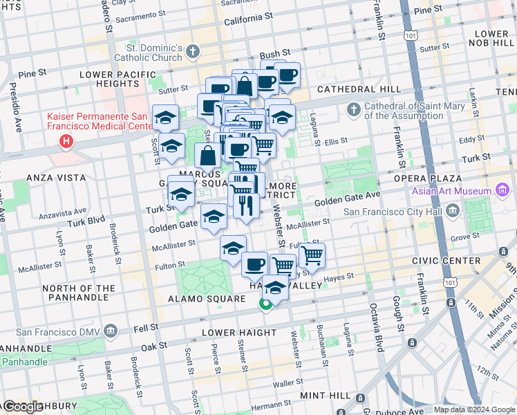map of restaurants, bars, coffee shops, grocery stores, and more near 1109 Fillmore Street in San Francisco
