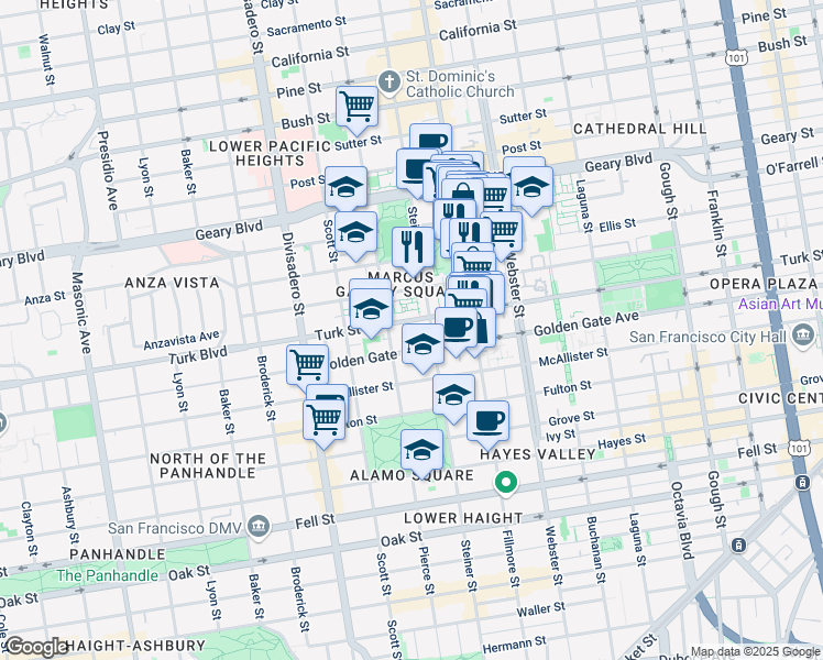 map of restaurants, bars, coffee shops, grocery stores, and more near 1560 Turk Street in San Francisco