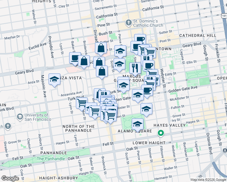 map of restaurants, bars, coffee shops, grocery stores, and more near 1159 Scott Street in San Francisco