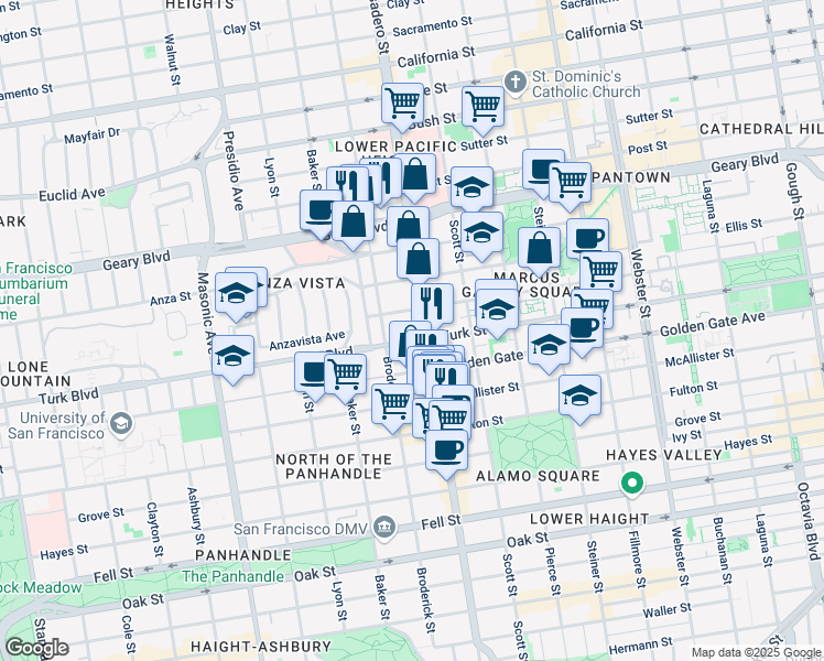 map of restaurants, bars, coffee shops, grocery stores, and more near 1199 Divisadero Street in San Francisco