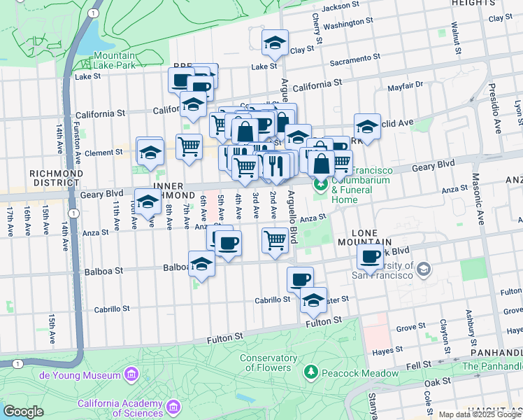 map of restaurants, bars, coffee shops, grocery stores, and more near 441a 2nd Avenue in San Francisco