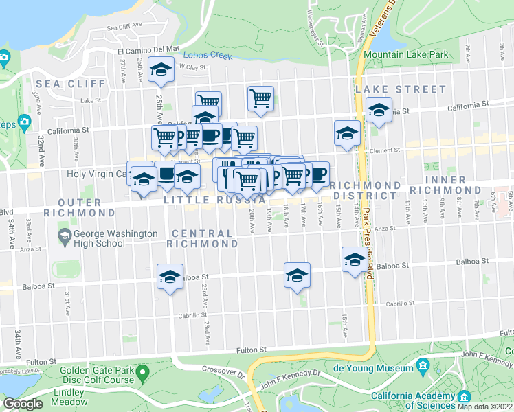 map of restaurants, bars, coffee shops, grocery stores, and more near 399 20th Avenue in San Francisco
