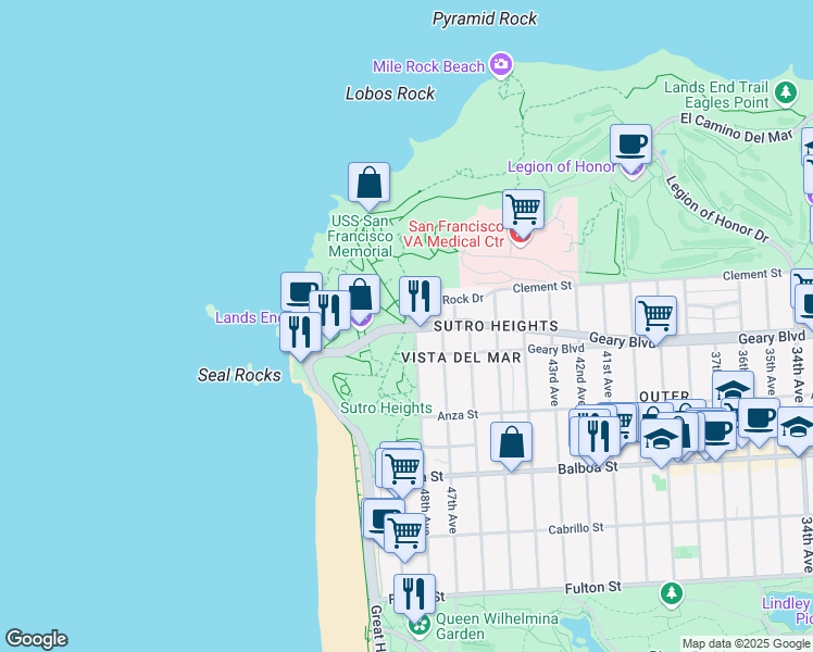 map of restaurants, bars, coffee shops, grocery stores, and more near 185 Seal Rock Drive in San Francisco