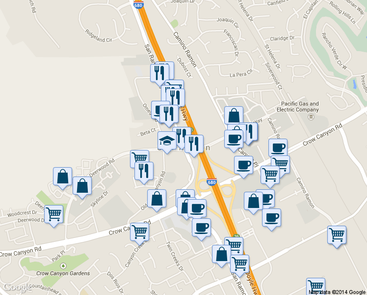 map of restaurants, bars, coffee shops, grocery stores, and more near 2241 San Ramon Valley Boulevard in San Ramon