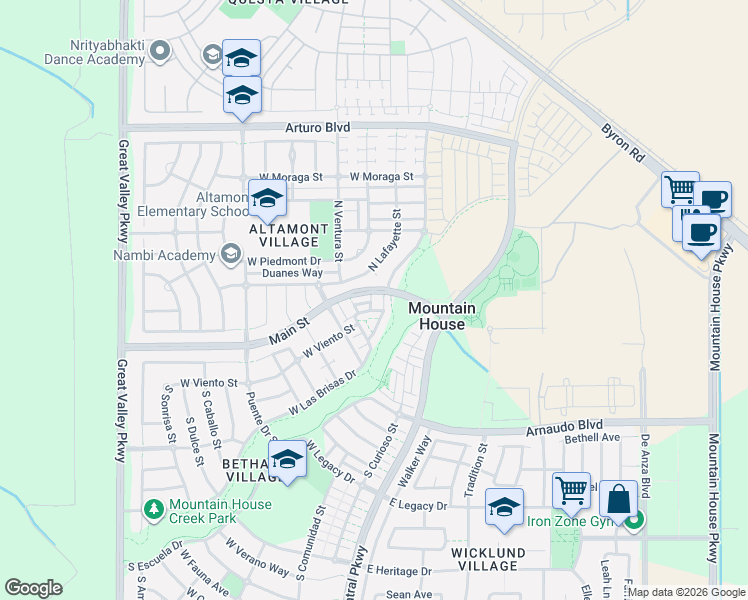 map of restaurants, bars, coffee shops, grocery stores, and more near 16 South Hidalgo Street in Tracy