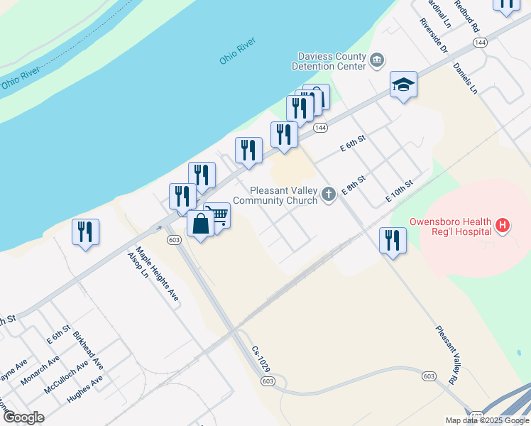 map of restaurants, bars, coffee shops, grocery stores, and more near Glenn Court in Owensboro