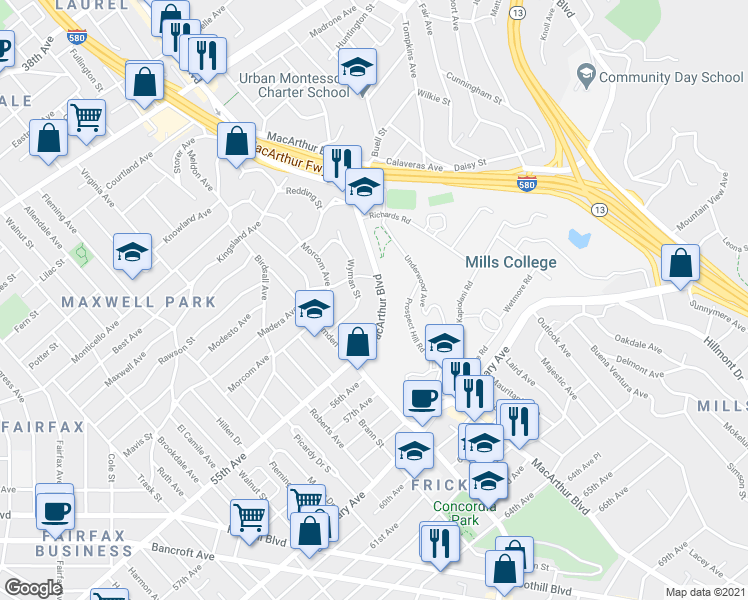 map of restaurants, bars, coffee shops, grocery stores, and more near 5235 MacArthur Boulevard in Oakland