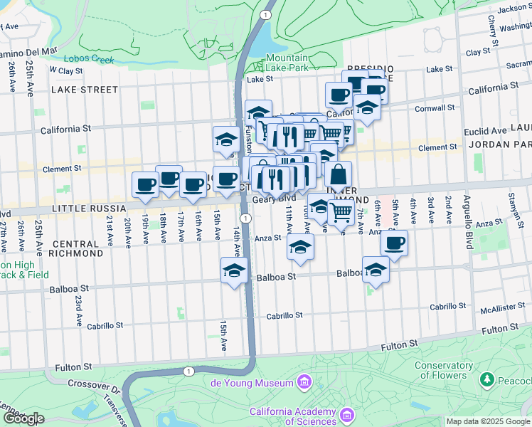 map of restaurants, bars, coffee shops, grocery stores, and more near 4751 Geary Boulevard in San Francisco