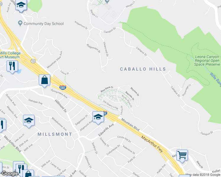 map of restaurants, bars, coffee shops, grocery stores, and more near 6443 Blue Rock Court in Oakland