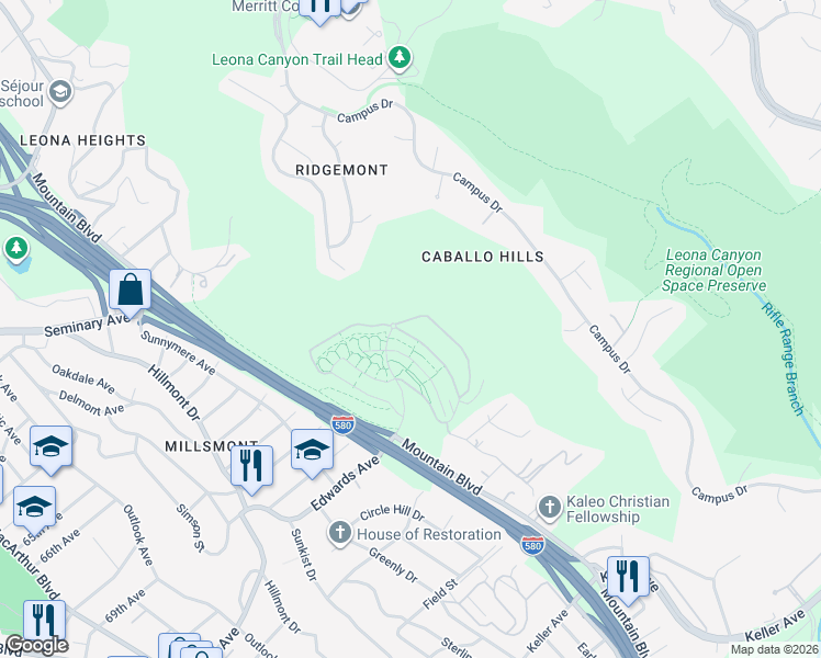 map of restaurants, bars, coffee shops, grocery stores, and more near 6466 Bayview Drive in Oakland