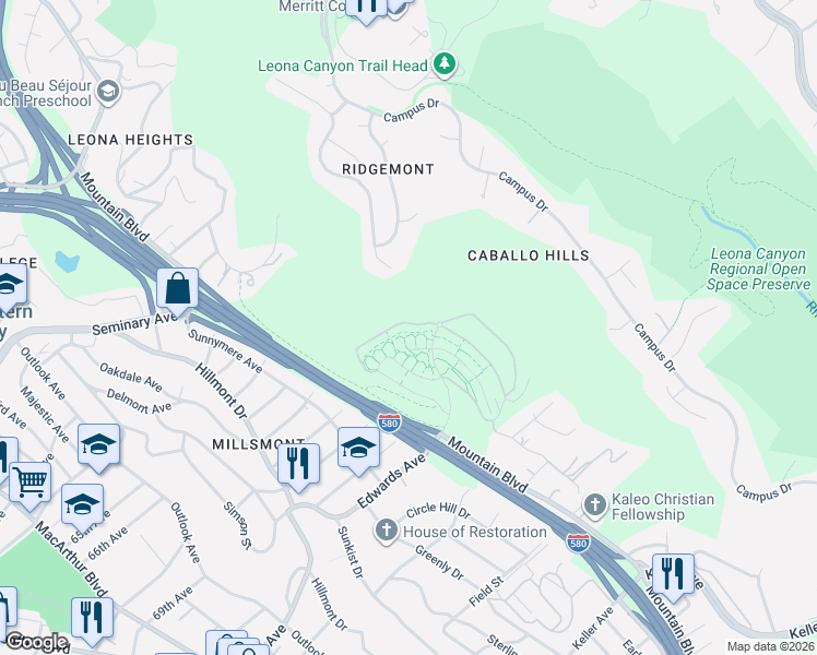 map of restaurants, bars, coffee shops, grocery stores, and more near 6443 Blue Rock Court in Oakland