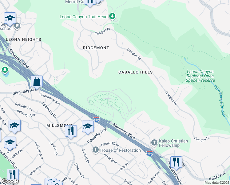 map of restaurants, bars, coffee shops, grocery stores, and more near 6466 Bayview Drive in Oakland