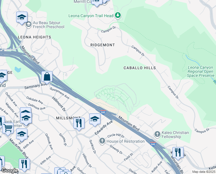 map of restaurants, bars, coffee shops, grocery stores, and more near 6443 Blue Rock Court in Oakland