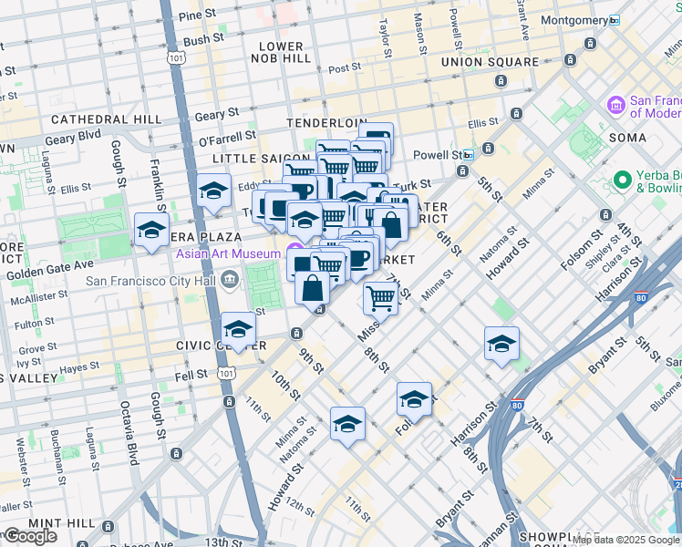 map of restaurants, bars, coffee shops, grocery stores, and more near 355 McAllister Street in San Francisco