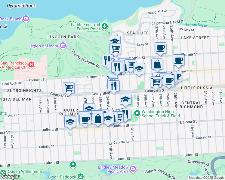 map of restaurants, bars, coffee shops, grocery stores, and more near 499 33rd Avenue in San Francisco