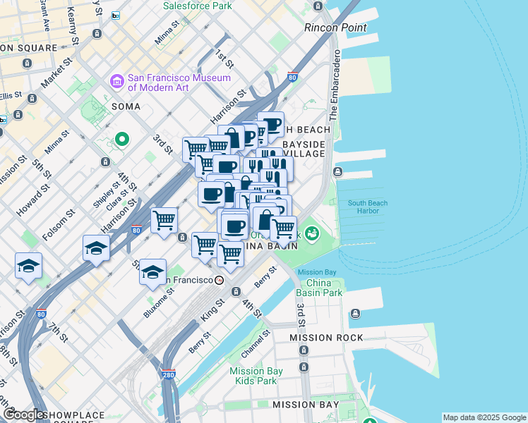 map of restaurants, bars, coffee shops, grocery stores, and more near 7 Clarence Place in San Francisco