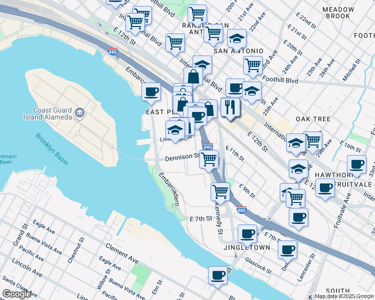 map of restaurants, bars, coffee shops, grocery stores, and more near 1039 Cotton St in Oakland