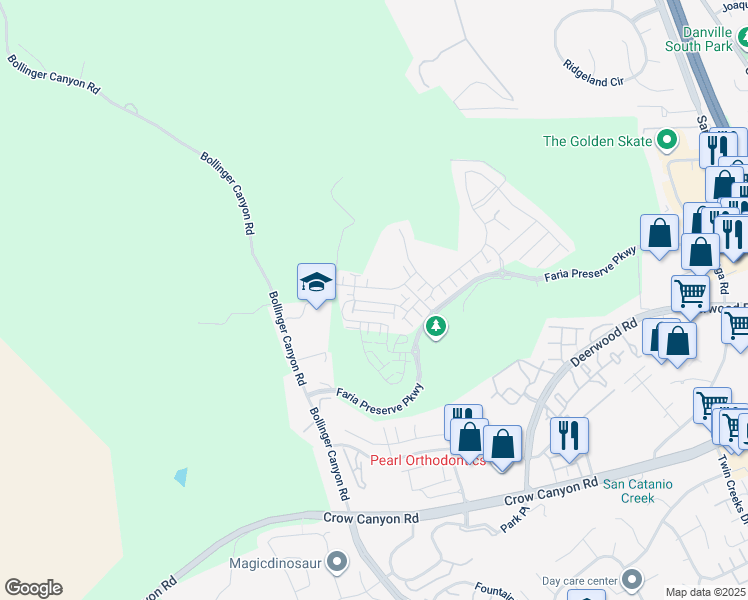 map of restaurants, bars, coffee shops, grocery stores, and more near 32102 Via Vicenza in San Ramon