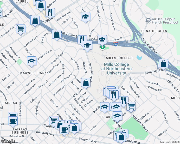 map of restaurants, bars, coffee shops, grocery stores, and more near 5219 MacArthur Boulevard in Oakland