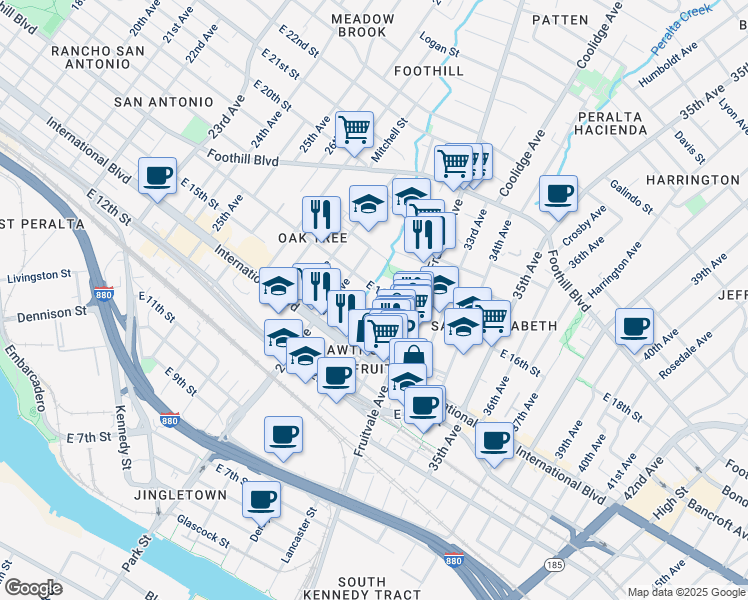 map of restaurants, bars, coffee shops, grocery stores, and more near 2926 East 16th Street in Oakland