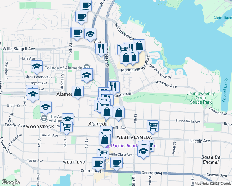 map of restaurants, bars, coffee shops, grocery stores, and more near 703 Atlantic Avenue in Alameda