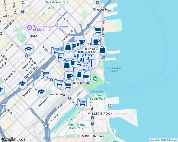 map of restaurants, bars, coffee shops, grocery stores, and more near 88 Townsend Street in San Francisco