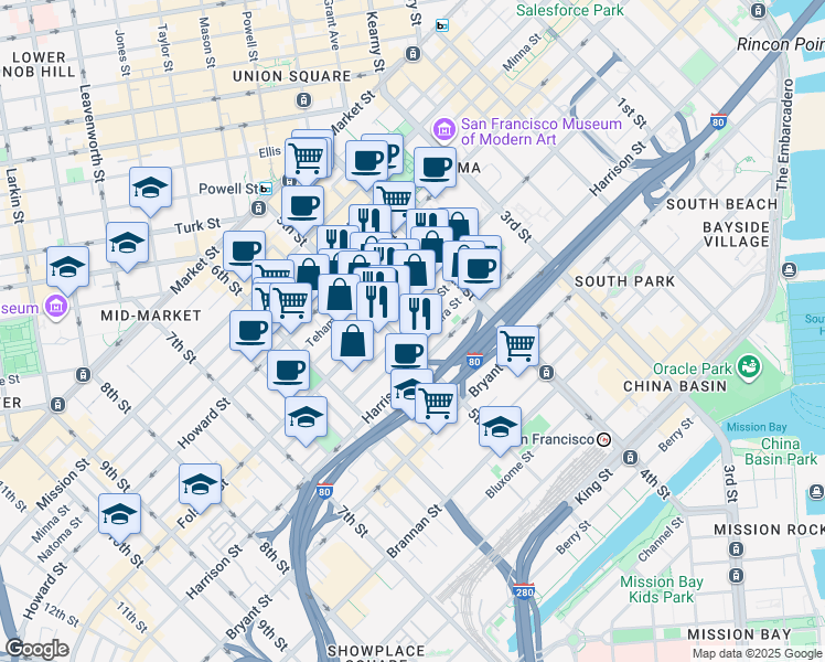 map of restaurants, bars, coffee shops, grocery stores, and more near 280 5th Street in San Francisco