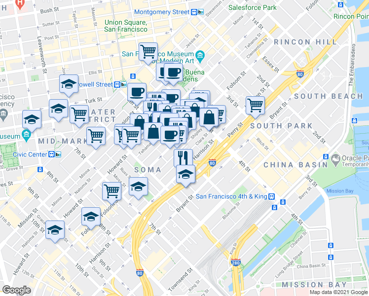 map of restaurants, bars, coffee shops, grocery stores, and more near 280 5th Street in San Francisco